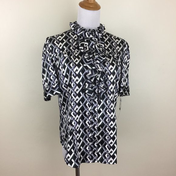 NWT BOB MACKIE Studio Short Sleeve Multi Color Print Ruffle Collar Button Shirt - Picture 1 of 9